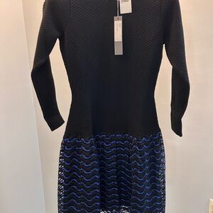 NWT Lela Rose knit dress w wavy blue and black lace overlay size S